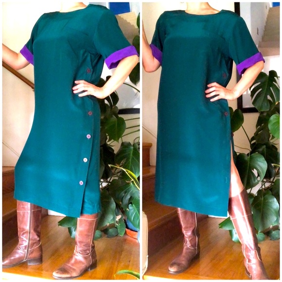 Vintage 80s Liz Claiborne 100% Silk Button Side Colorblock Shift Dress 8… - Picture 1 of 16
